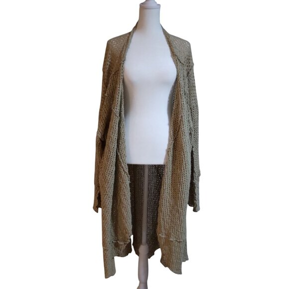 Boho Knit Maxi Cardigan Women’s Beige Duster Sweater L Festival Layering Chic - Picture 1 of 15